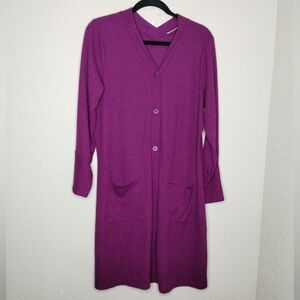 LOGO by Lori Goldstein Ribbed Button Front Duster Cardigan Purple Women's Size L